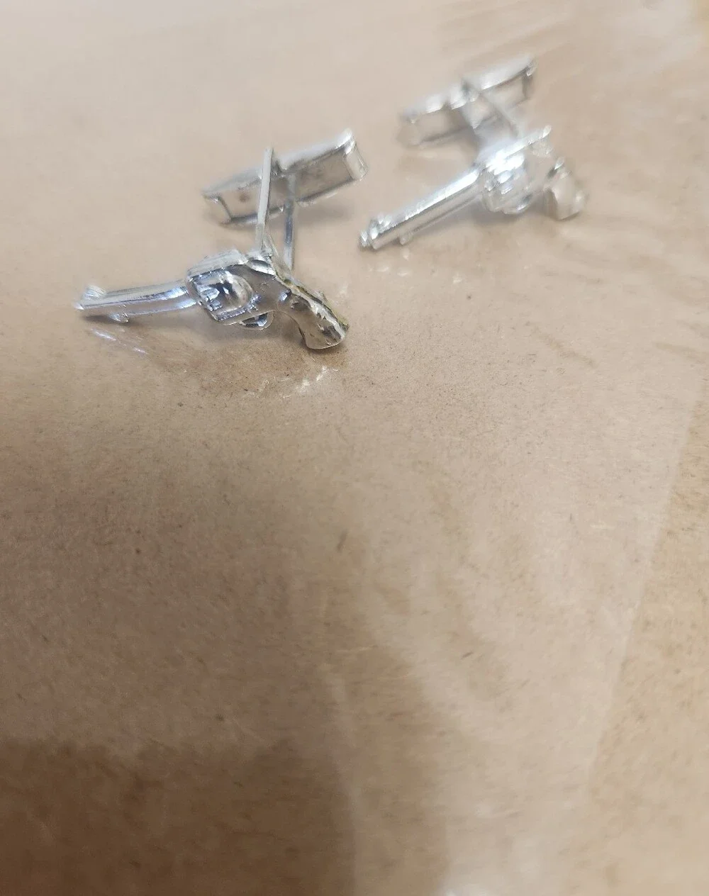 Silvertone Revolver Gun Charm Cufflinks - Pair
